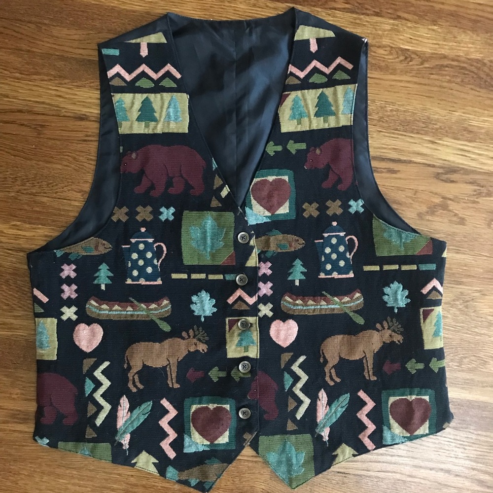tapestry Woodland creatures vest L menswear country cottage cabincore - Picture 2 of 4